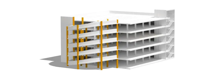 3d-model af p-hus med markeringer på bærende system