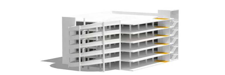 3d model af parkeringshus med markerede felter for gangarealer