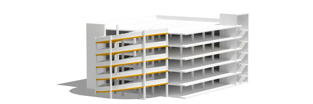 rampe markeret med gult i 3d-model af p-hus