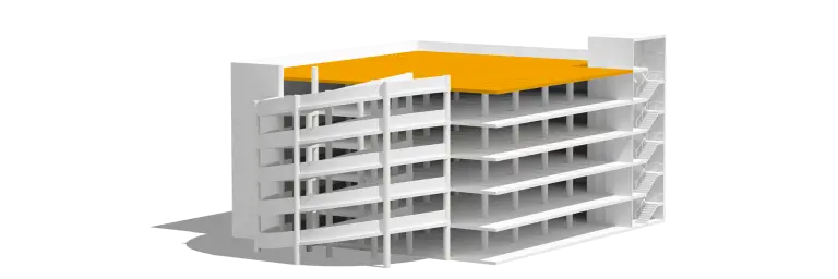 3d-model af parkeringshus med vejrudsat dæk