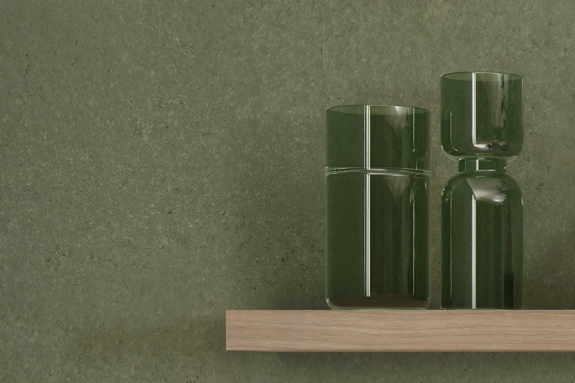 Dining area, close-up of shelf with ornamental vases in front of a wall painted in a green colour sh