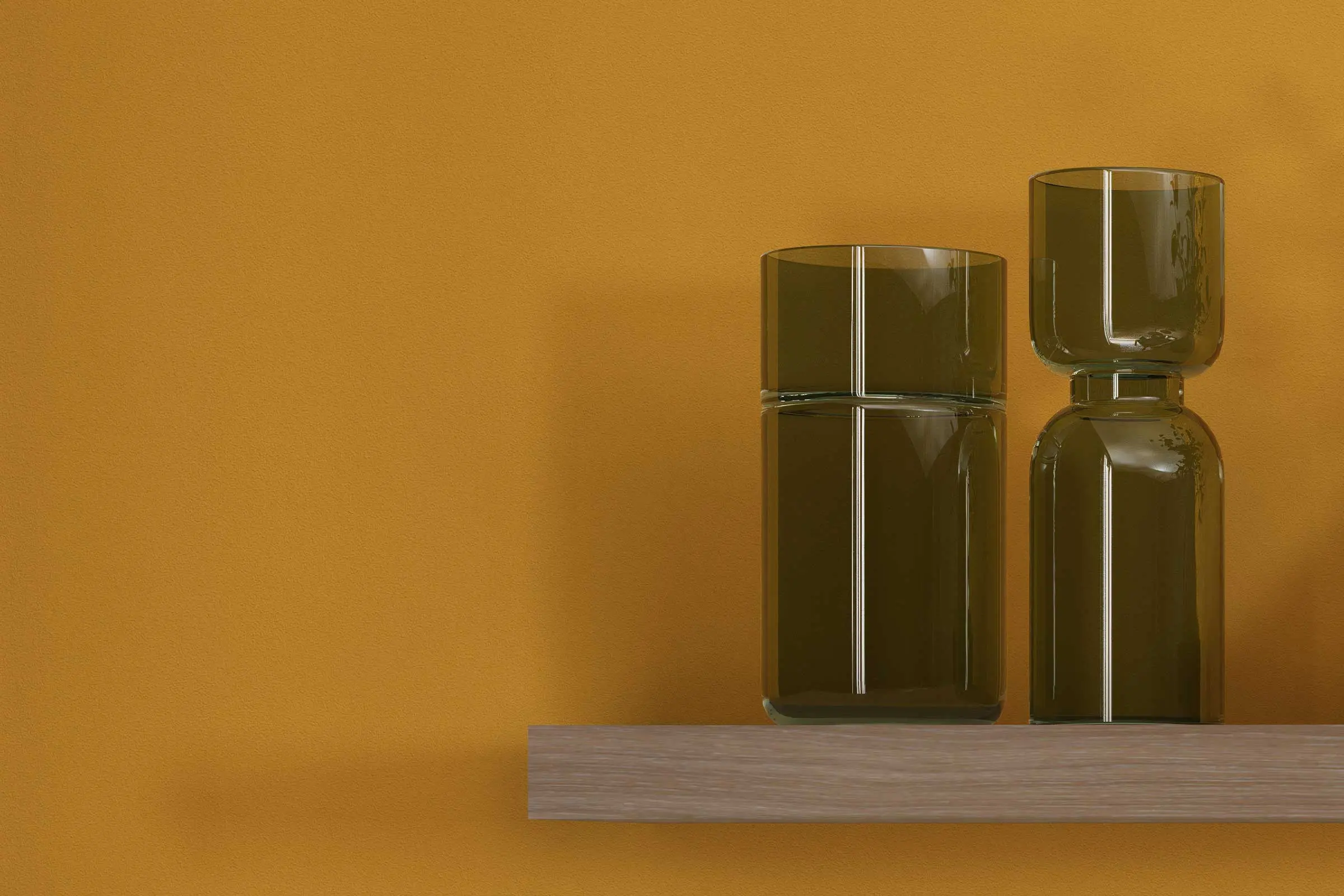 Dining area, close-up of wall shelf with ornamental vases on a wall area painted in a yellow colour