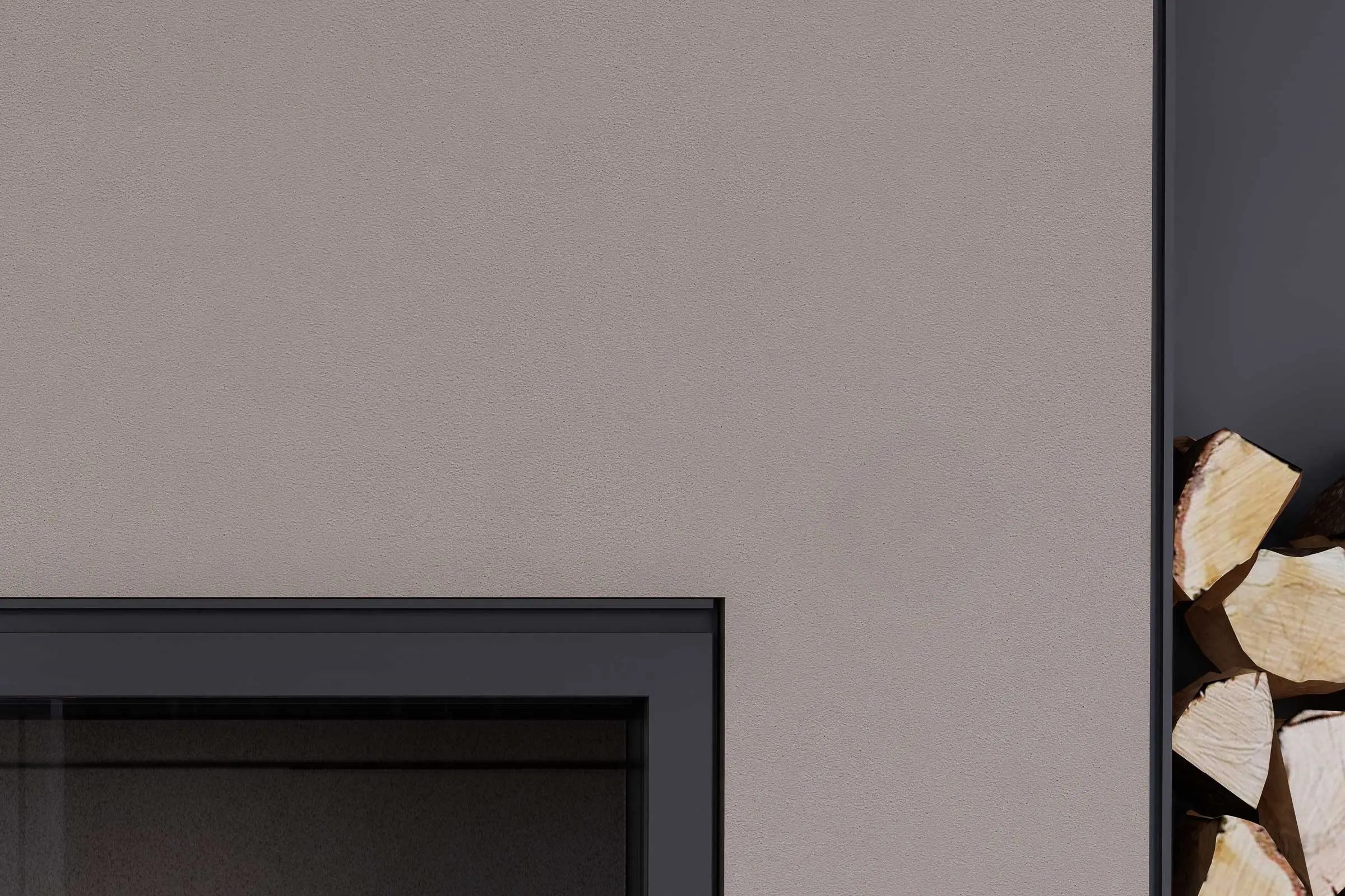 Living space, close-up of firewood and fireplace, wall area painted in a walnut colour shade from th