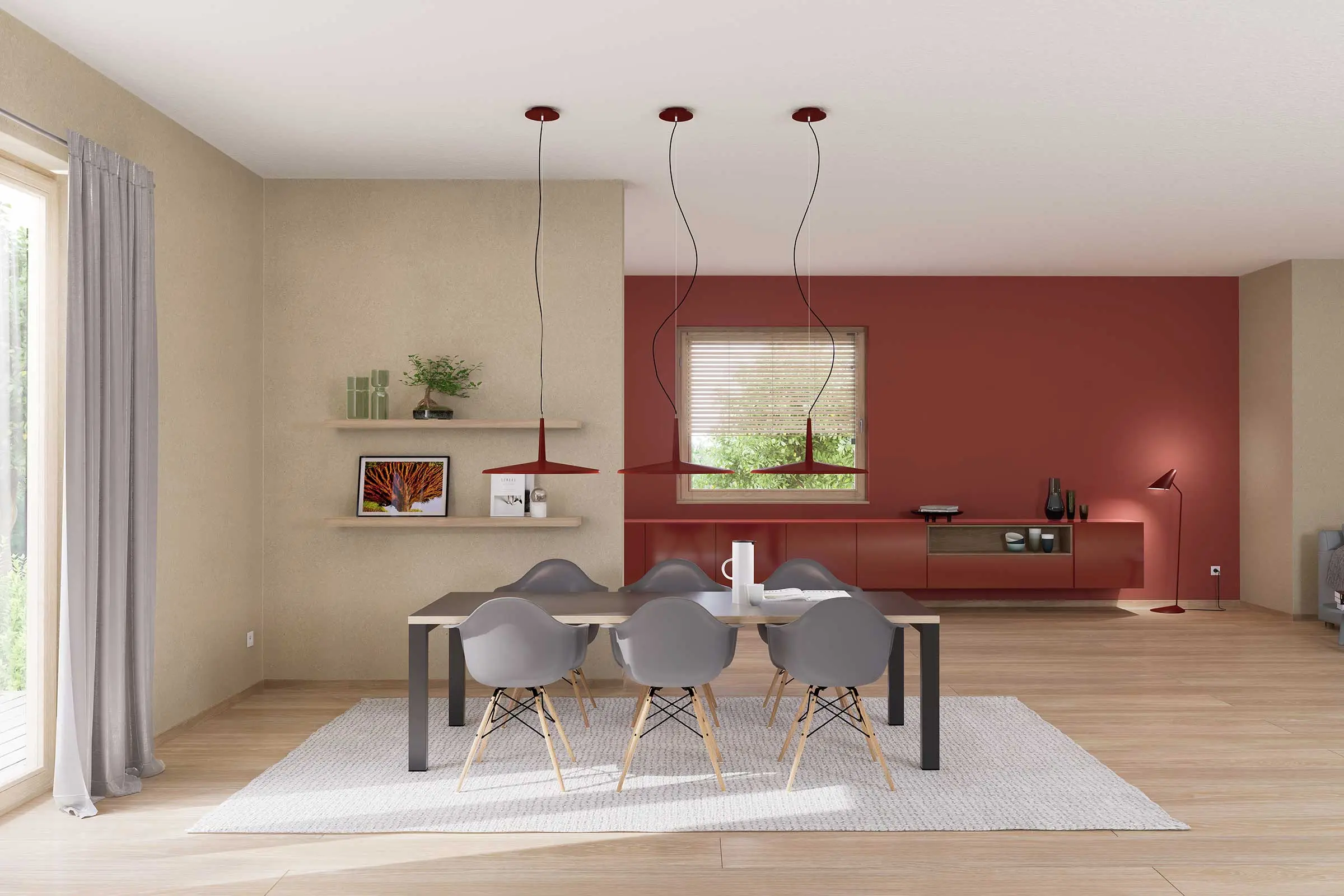 Dining area 1, designed with red and natural colour shades from Sto’s Interior Colors 24+ range