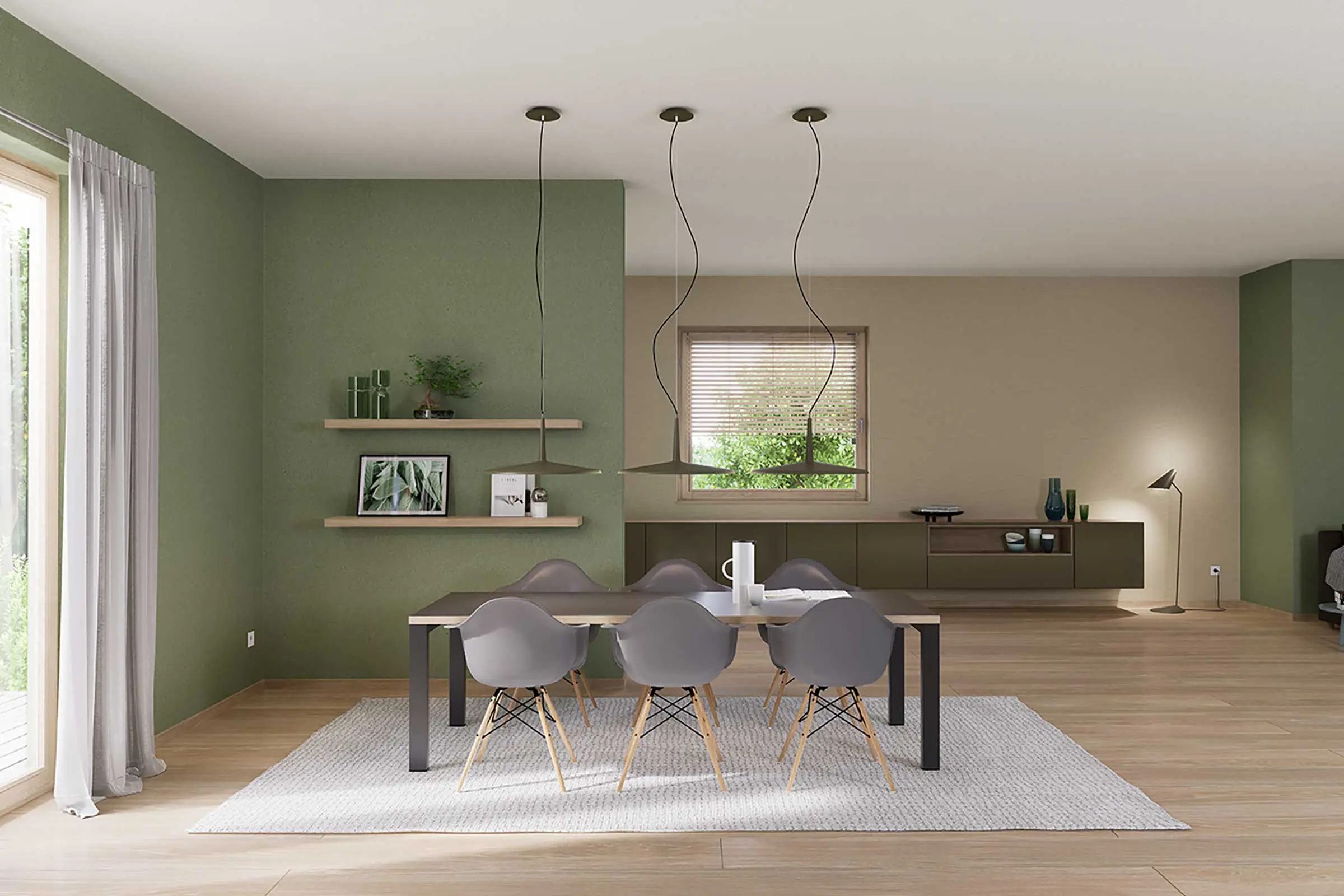Dining area 2, designed with green and natural colour shades from Sto’s Interior Colors 24+ range
