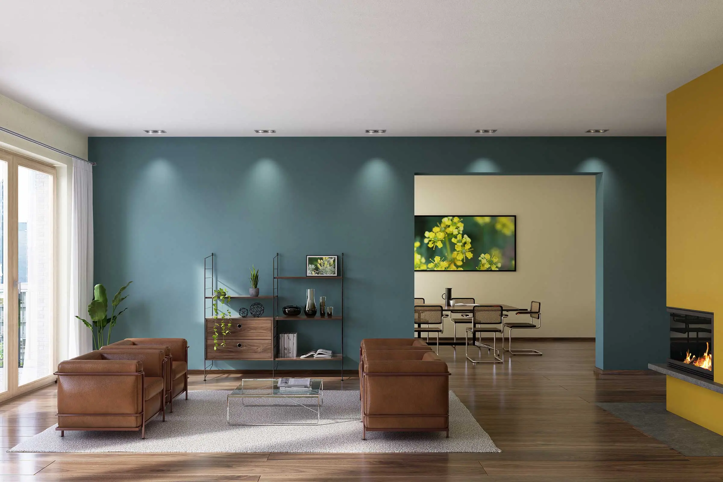Example living space, painted in cool and rich in contrast colour shades from Sto’s Interior Colors